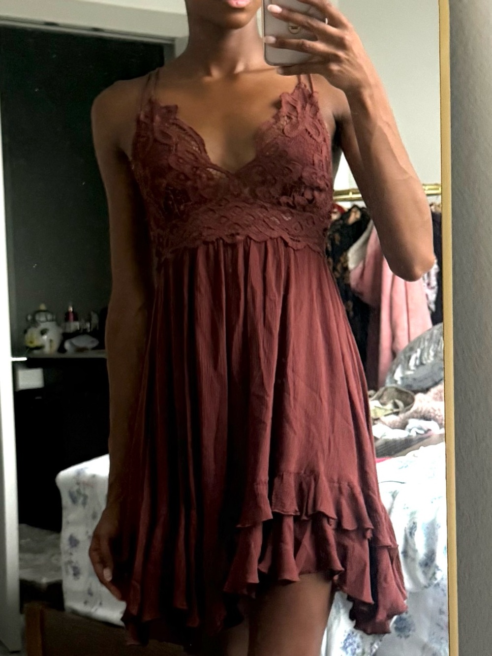 Free People Adella Mini Slip Dress in Cocoa - Picture 3 of 6